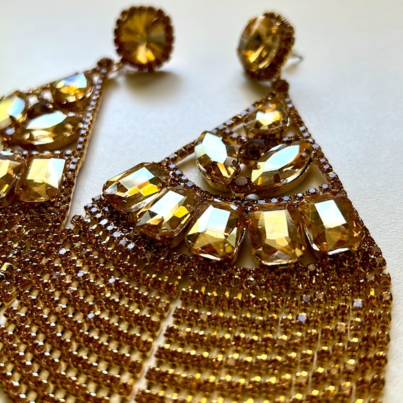 Huge gold sparkle rhinestone fancy large drop earrings - Picture 4 of 8